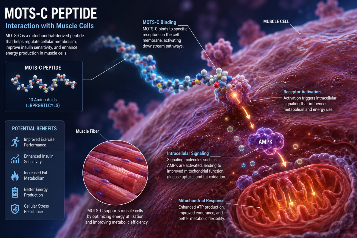 Scientific illustration of MOTS-C peptide supporting energy metabolism.
